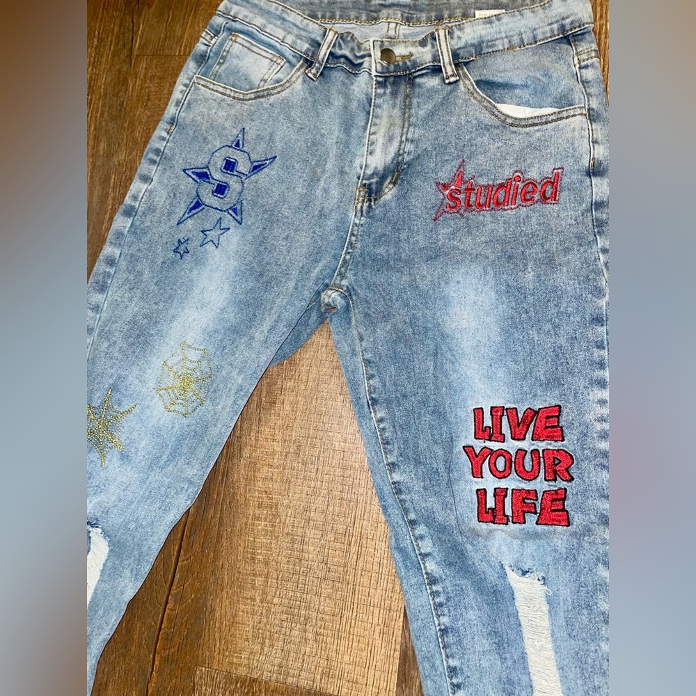 Light Blue Live Your Life Skinny Jeans with Embroidery - Picture 2 of 4